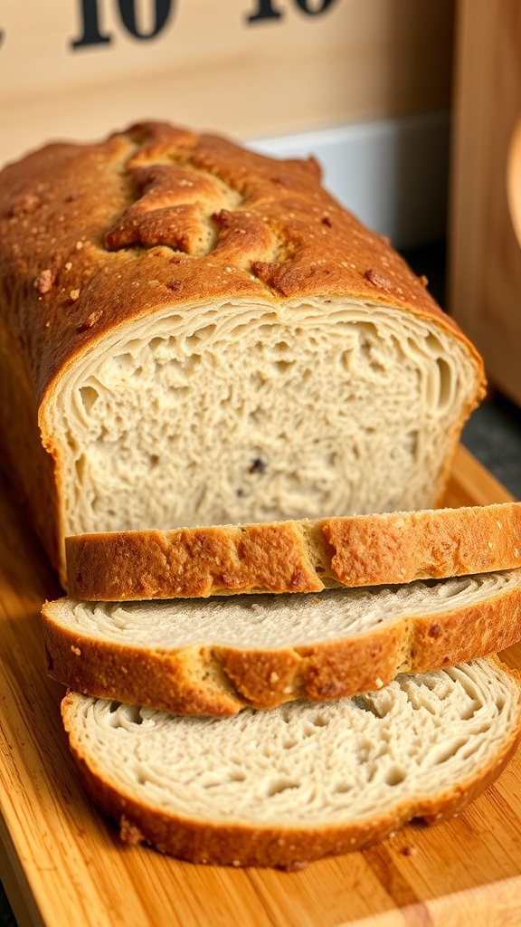 A loaf of whole wheat sourdough sandwich bread sliced, revealing its soft texture, on a wooden cutting board.